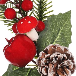 Větvička umělá vánoční - šiška a červené bobule, jablko a houba.