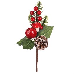 Větvička umělá vánoční - šiška a červené bobule, jablko a houba.