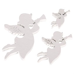 Anděl dřevěný v bílé barvě. 18 ks v sáčku. Cena za 1 sáček.