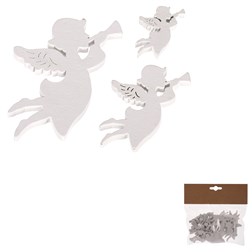 Anděl dřevěný v bílé barvě. 18 ks v sáčku. Cena za 1 sáček.