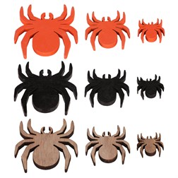 Pavouci - dřevěné přízdoby, mix 3 barev a vel., cena za 1 sáček (18 ks).