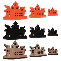 Strašidlené domečky - dřevěné, mix 3 barev a vel., cena za 1 sáček (18 ks).