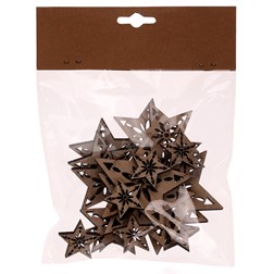 Hvězdičky - dřevěné přízdoby, mix 3 vel., přírodní b., cena za 1 sáček (18 ks).
