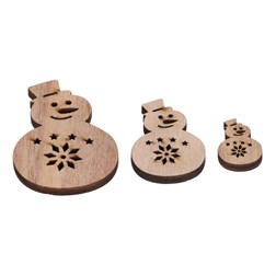 Sněhuláci - dřevěné přízdoby, mix 3 vel., přírodní b., cena za 1 sáček (18 ks).
