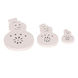 Sněhuláci - dřevěné přízdoby, mix 3 vel., bílé, cena za 1 sáček (18 ks).