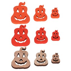 Dýně s obličejem - dřevěné, mix 3 barev a vel., cena za 1 sáček (18 ks).