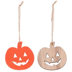 Dýně s obličejem na pověšení - dřevěné, mix 2 barev, cena za 1 sáček (8 ks).