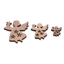 Andělé - dřevo, mix 3 vel., přírodní b., cena za balení (18 ks)