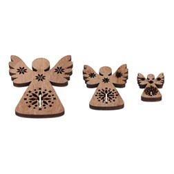 Andílci - dřevěné přízdoby, mix 3 vel., přírodní b., cena za sáček (18 ks).