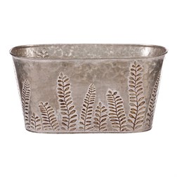 Truhlík z kovu na květiny, v  tmavě krémové barvě s kapradím.