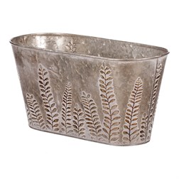 Truhlík z kovu na květiny, v  tmavě krémové barvě s kapradím.