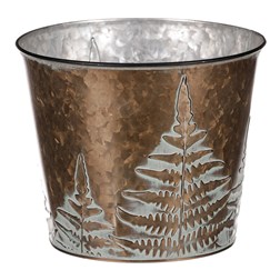 Obal z kovu na květiny, v  měděné barvě s kapradím.