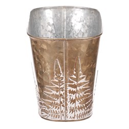 Truhlík z kovu na květiny, v  měděné barvě s kapradím.