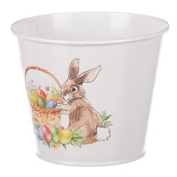 Kovový obal na květiny s velikonočním designem.