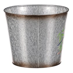 Kovový obal na květiny, design s ptáčky.