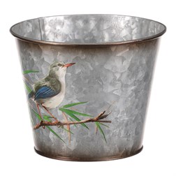 Kovový obal na květiny, design s ptáčky.