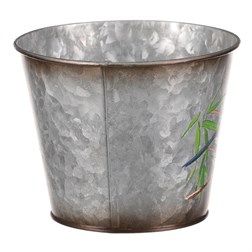 Kovový obal na květiny, design s ptáčky.