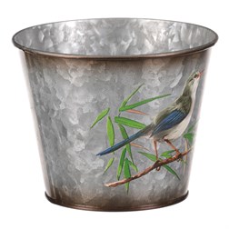 Kovový obal na květiny, design s ptáčky.