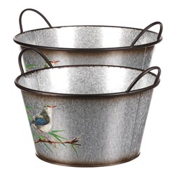 Kovový obal na květiny, sada 2ks, design s ptáčky.