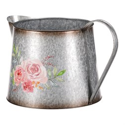 Kovový obal na květiny, tvar konve. Design s růžemi.