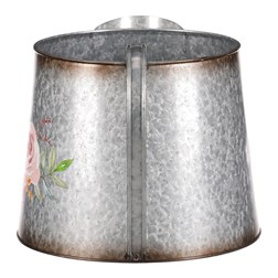 Kovový obal na květiny, tvar konve. Design s růžemi.