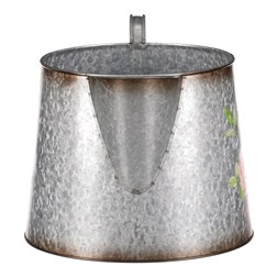 Kovový obal na květiny, tvar konve. Design s růžemi.