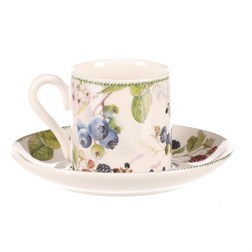 Hrneček s podšálky po 2 kusech - dárkový set, porcelán, bílý s lesními plody