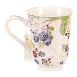 Hrneček v dárkové dóze - porcelán, bílý s lesními plody