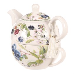 Konvička se šálkem - dárkový set v krabičce, porcelán, bílý s lesními plody