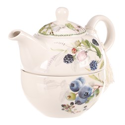 Konvička se šálkem - dárkový set v krabičce, porcelán, bílý s lesními plody