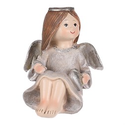 Andílek sedící šedý, stříbrná křídla a srdíčko v rukou, polyresin.