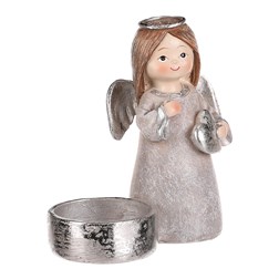 Andílek šedý, stříbrná křídla a srdíčko, polyresin, pro vložení čajové/LED svíčky.