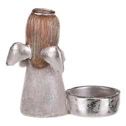 Andílek šedý, stříbrná křídla a srdíčko, polyresin, pro vložení čajové/LED svíčky.