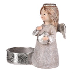 Andílek šedý, stříbrná křídla a srdíčko, polyresin, pro vložení čajové/LED svíčky.