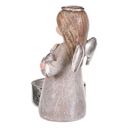 Andílek šedý, stříbrná křídla a srdíčko, polyresin, pro vložení čajové/LED svíčky.