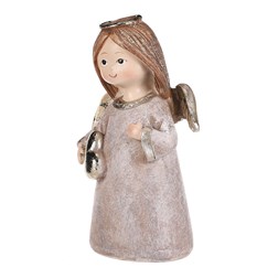 Andílek stojící hnědý, zlatá křídla a srdíčko v rukou, polyresin.