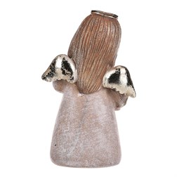 Andílek stojící hnědý, zlatá křídla a srdíčko v rukou, polyresin.