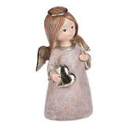 Andílek stojící hnědý, zlatá křídla a srdíčko v rukou, polyresin.