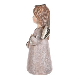 Andílek stojící hnědý, zlatá křídla a srdíčko v rukou, polyresin.