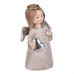 Andílek stojící šedý, stříbrná křídla a srdíčko v rukou, polyresin.