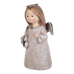 Andílek stojící šedý, stříbrná křídla a srdíčko v rukou, polyresin.