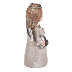 Andílek stojící šedý, stříbrná křídla a srdíčko v rukou, polyresin.