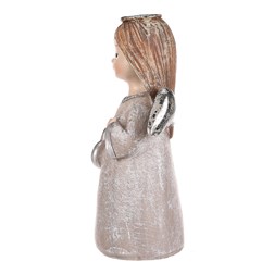 Andílek stojící šedý, stříbrná křídla a srdíčko v rukou, polyresin.