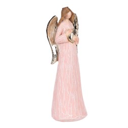 Anděl růžový, zlatá křídla a srdce v ruce, polyresin.