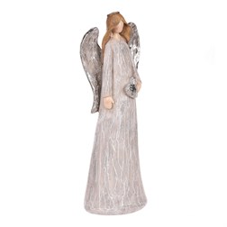 Anděl šedý, stříbrná křídla a srdce v ruce, polyresin.