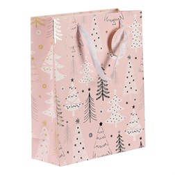 Taška papírová - vánoční stromky, růžová, střední velikost.