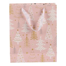 Taška papírová - vánoční stromky, růžová, střední velikost.