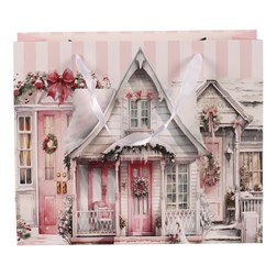 Taška papírová - motiv vánočně vyzdobeného domku, růžová, střední velikost.