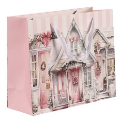 Taška papírová - motiv vánočně vyzdobeného domku, růžová, střední velikost.