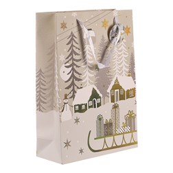 Taška dárková papírová - zimní krajina se sáňkami, velká.